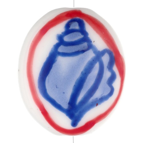Perle ovale 20.5x17 mm en céramique - motif coquillage - Blanc - Bleu - Rouge x1