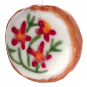 Perle ronde aplatie 20 mm en céramique - motif fleurs - Blanc - Rouge x1