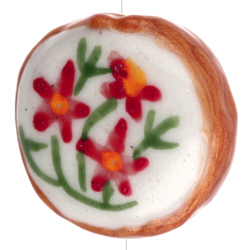 Perle ronde aplatie 20 mm en céramique - motif fleurs - Blanc - Rouge x1
