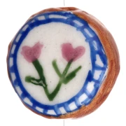 Perle ronde aplatie 20 mm en céramique - motif fleurs - Marron - Bleu x1