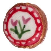 Perle ronde aplatie 20 mm en céramique - motif fleurs - Marron - Rouge x1
