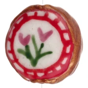 Perle ronde aplatie 20 mm en céramique - motif fleurs - Marron - Rouge x1