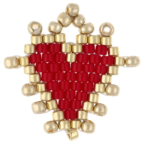 Pendentif coeur 19 mm en perles de rocailles - Rouge - Doré x1