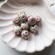 Perle rondelle 15x10.5 mm en céramique - Rose clair - Vert x1