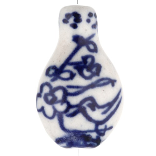 Perle vase 27x17 mm en céramique - motif champètre - Blanc - Bleu x1