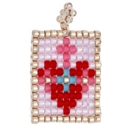 Pendentif rectangle 26x16 mm en perles de rocailles motif coeur - Rose - Rouge x1