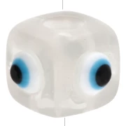 Perle cube en résine 8 mm - motif oeil en relief - Transparent - Blanc - Bleu x1
