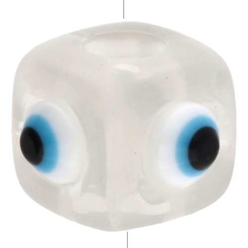 Perle cube en résine 8 mm - motif oeil en relief - Transparent - Blanc - Bleu x1