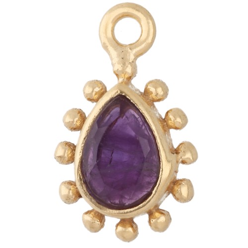 Breloque goutte 13x8 mm avec petites boules - Doré à l'or fin - Amethyste x1