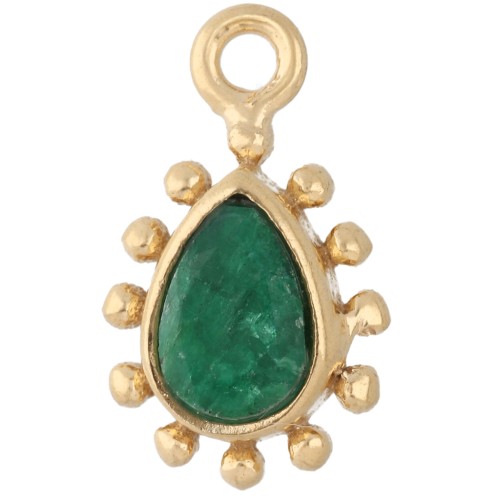 Breloque goutte 13x8 mm avec petites boules - Doré à l'or fin - Imitation émeraude