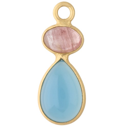 Pendentif géométrique 20x8 mm - Doré à l'or fin - Calcédoine bleue - Quartz rose