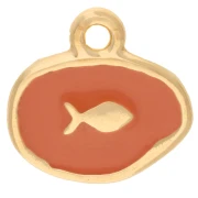 Breloque ovale irrégulière 13 mm - motif poisson - Doré à l'or fin - Saumon x1