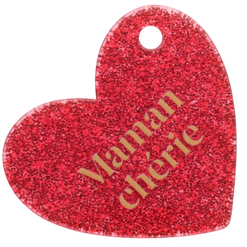 Pendentif coeur 39x45 mm acrylique - Maman chérie - Pailleté Rouge - Doré x1