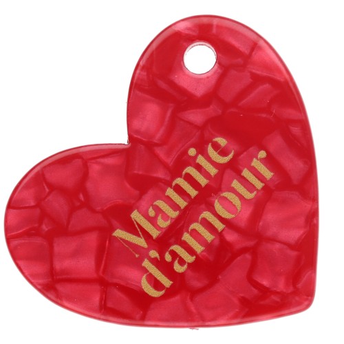Pendentif coeur 39x45 mm acétate - Mamie d'amour - Rouge nacré - Doré x1
