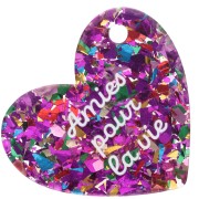 Pendentif coeur 39x45mm acétate - Amies pour la vie - Pailleté multicolore - Blanc