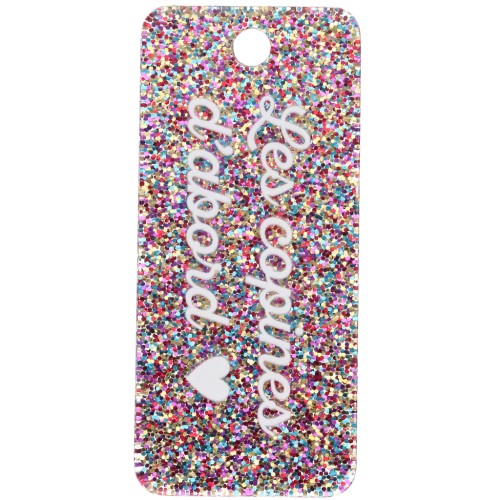 Pendentif rectangle 55x25mm acrylique - Les copines d'abord - Pailleté multicolore