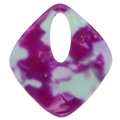 Pendentif losange évidé 28x25 mm en acétate - Ecaille de tortue - Violet - Vert x1