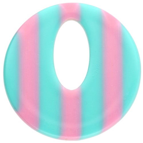 Pendentif rond évidé 21 mm en acétate - Rayés Turquoise - Rose clair x1