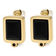 Clous d'oreilles rectangle 13x9 mm cabochon verre - Acier inox Doré 304L - Noir x2