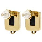 Clous d'oreilles rectangle 13x9 mm cabochon verre - Acier inox Doré 304L - Noir x2