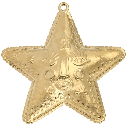 Pendentif étoile 44.5x43.5 mm - motif visage - Acier Inoxydable 304 Doré x1