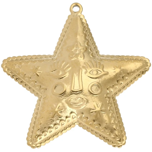 Pendentif étoile 44.5x43.5 mm - motif visage - Acier Inoxydable 304 Doré x1