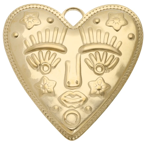 Pendentif coeur 46.5x45 mm - motif visage - Acier Inoxydable 304 Doré x1