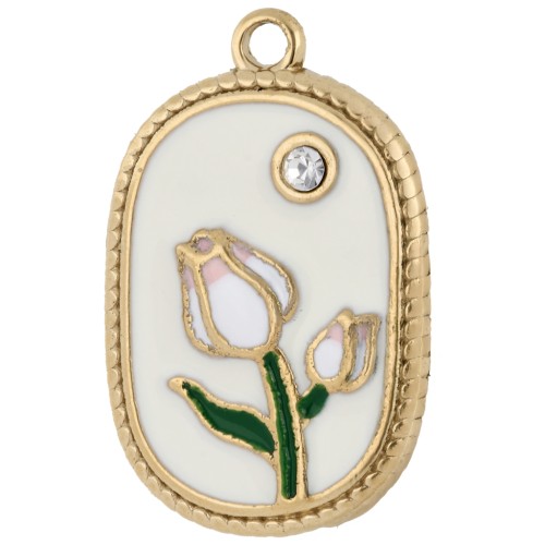 Pendentif cadre 23.5x15 m motif fleur - résine époxy - Acier Inox 304 Doré x 1