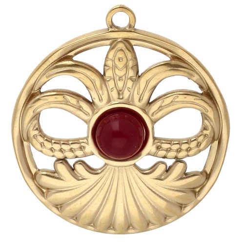 Pendentif rond 26 mm avec cabochon Cornaline - Acier inoxydable 304 Doré x 1