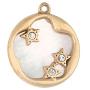 Breloque ronde 14 mm avec nacre et oxydes de zirconium - Acier inox 304 Doré x1|raw }}