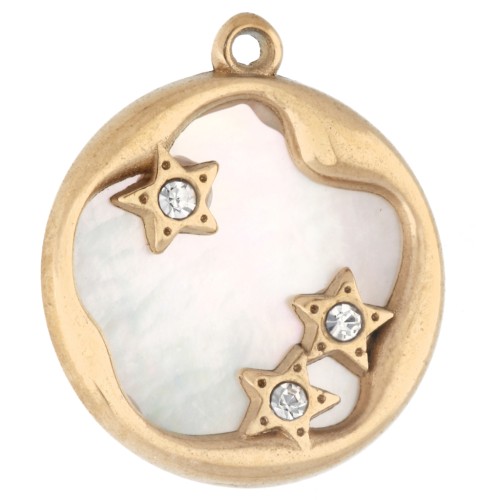 Breloque ronde 14 mm avec nacre et oxydes de zirconium - Acier inox 304 Doré x1