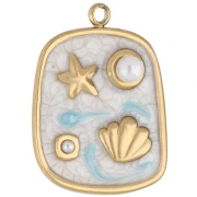 Pendentif rectangle 23.5x17.5 mm - motifs marin - Acier inox Doré 304 - Blanc x1