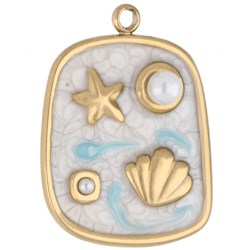 Pendentif rectangle 23.5x17.5 mm - motifs marin - Acier inox Doré 304 - Blanc x1