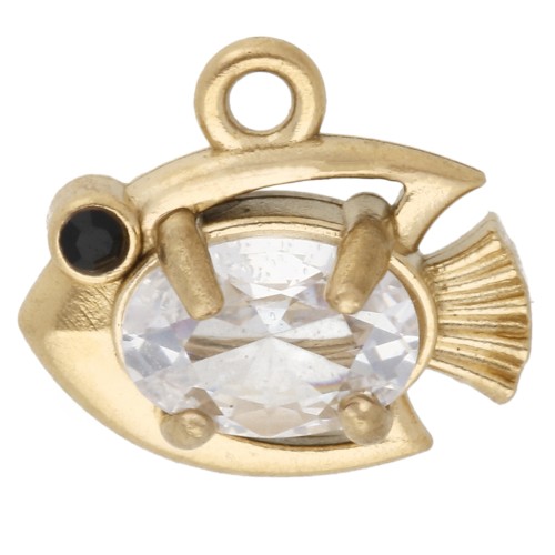 Mini breloque poisson 9x10 mm avec strass - Acier inoxydable Doré 304 - Crystal x1