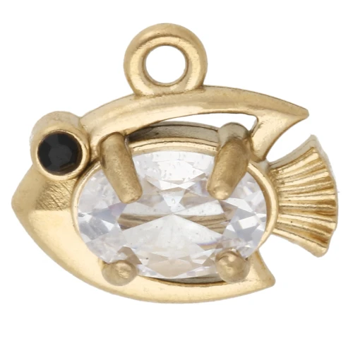 Mini breloque poisson 9x10 mm avec strass - Acier inoxydable Doré 304 - Crystal x1