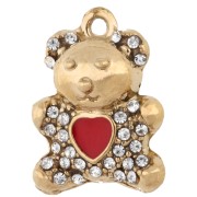 Breloque ourson 15x11.5mm coeur résine & strass - Acier Inox 304 Doré - Rouge x1