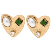 Boucd'oreilles cœur 17x18mm cabochons et strass - Acier inox Doré 304 - Blanc x2