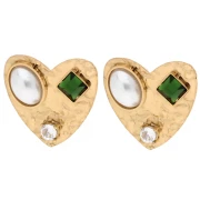 Boucd'oreilles cœur 17x18mm cabochons et strass - Acier inox Doré 304 - Blanc x2
