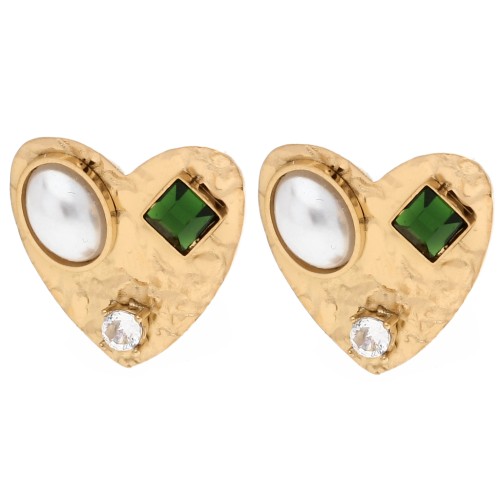 Boucd'oreilles cœur 17x18mm cabochons et strass - Acier inox Doré 304 - Blanc x2