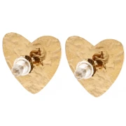 Boucd'oreilles cœur 17x18mm cabochons et strass - Acier inox Doré 304 - Blanc x2