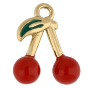Breloque cerises 16.5x14 mm avec résine époxy - Acier Inox 304 Doré - Rouge x1