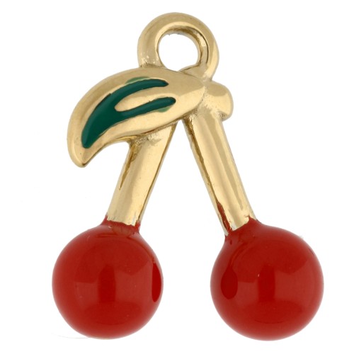 Breloque cerises 16.5x14 mm avec résine époxy - Acier Inox 304 Doré - Rouge x1