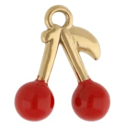 Breloque cerises 16.5x14 mm avec résine époxy - Acier Inox 304 Doré - Rouge x1