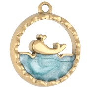 Breloque ronde ajouré 15 mm - motif marin avec époxy - Acier inox 304 Doré - Bleu