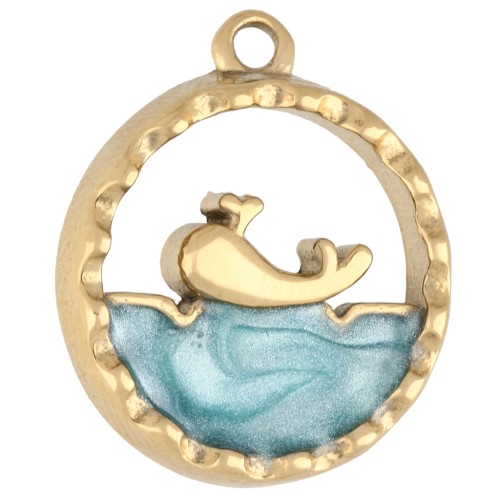 Breloque ronde ajouré 15 mm - motif marin avec époxy - Acier inox 304 Doré - Bleu