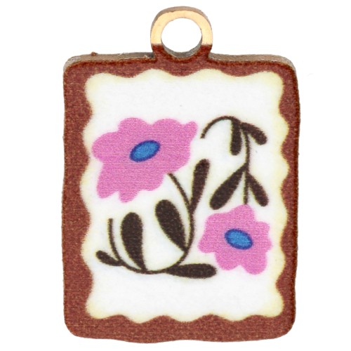 Breloque rectangle 17x12mm impression UV - Fleur - Acier inox 304 Doré Multicolore