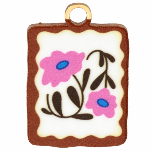 Breloque rectangle 17x12mm impression UV - Fleur - Acier inox 304 Doré Multicolore