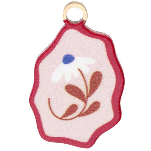 Breloque irrégulière 18x11 mm impression UV - Fleur - Acier inox 304 Doré - Rose
