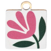 Breloque carrée 14x12mm impression UV - Fleur - Acier inox 304 Doré - Blanc - Rose
