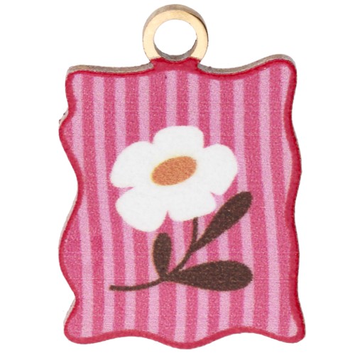 Breloque rectangle 17x12mm impression UV - Fleur & rayé - Acier inox 304 Doré Rose